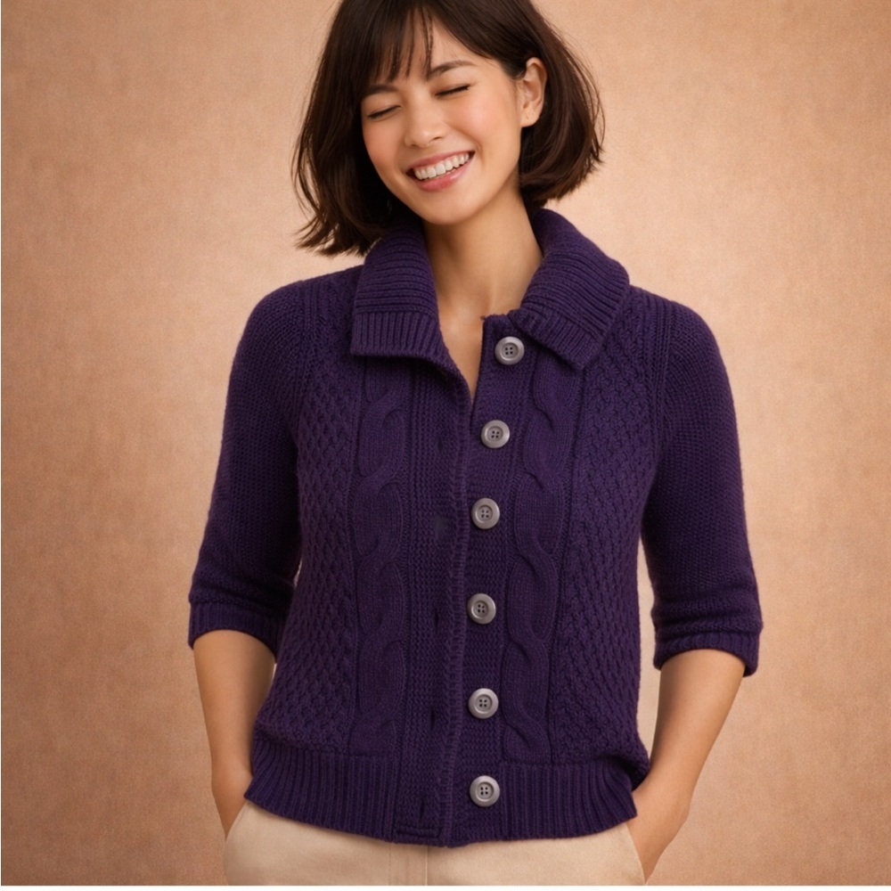 Chico's Deep Purple Cable Knit Short-Sleeve Cardigan